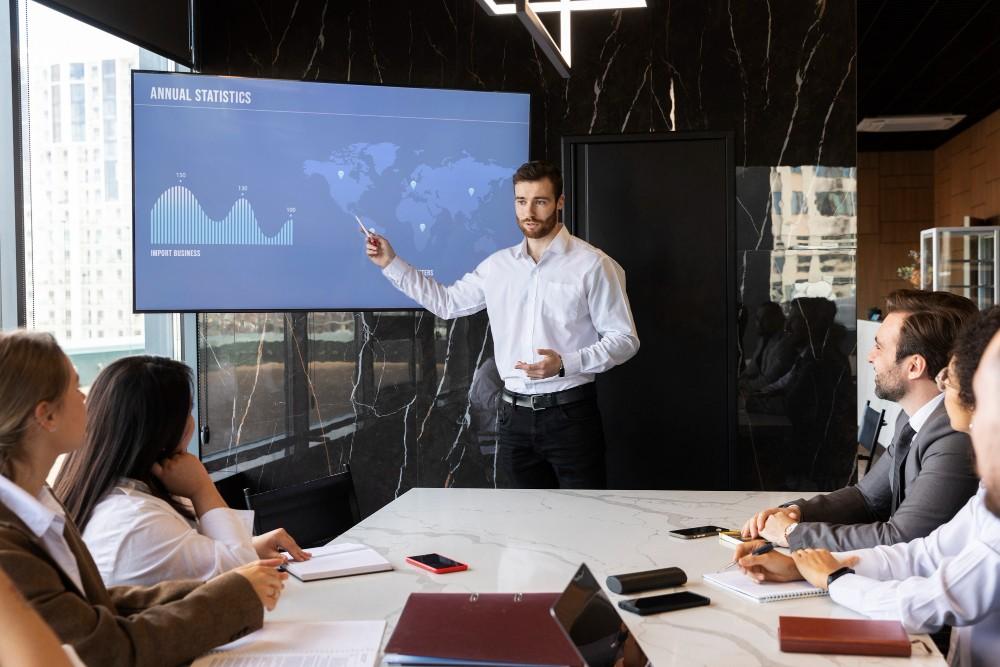 image representing corporate meeting room with display