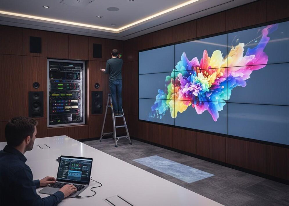 Professional audio visual installation in a modern corporate boardroom with ceiling-mounted projector, wall displays, and AV technicians calibrating equipment.