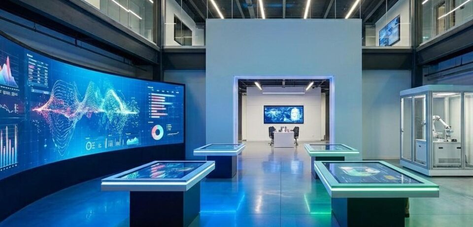Innovation-Lab-&-Experience-Center-Solutions A modern, professional innovation lab and experience center featuring futuristic interactive displays, curved LED video walls, and sleek architectural lighting in an empty, high-tech corporate environment.