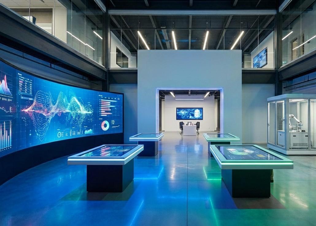 Modern innovation lab and experience center with interactive displays and LED video walls