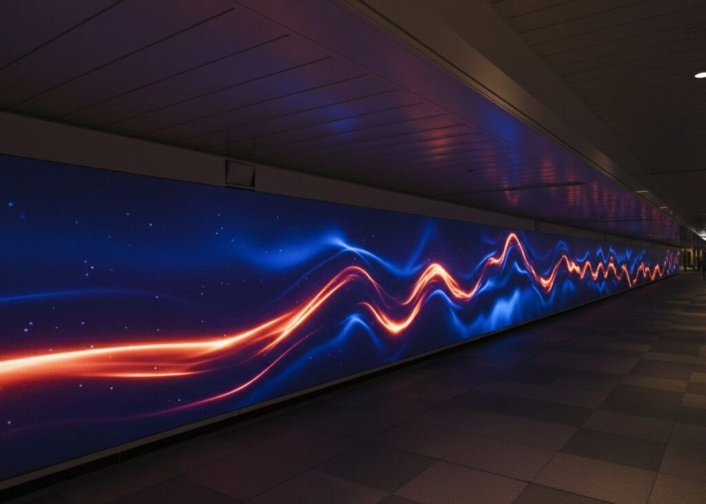 Large-scale ultra-high-definition LED display wall showing a vibrant architectural visualization in a dark, modern lounge, highlighting deep blacks and premium AV integration.