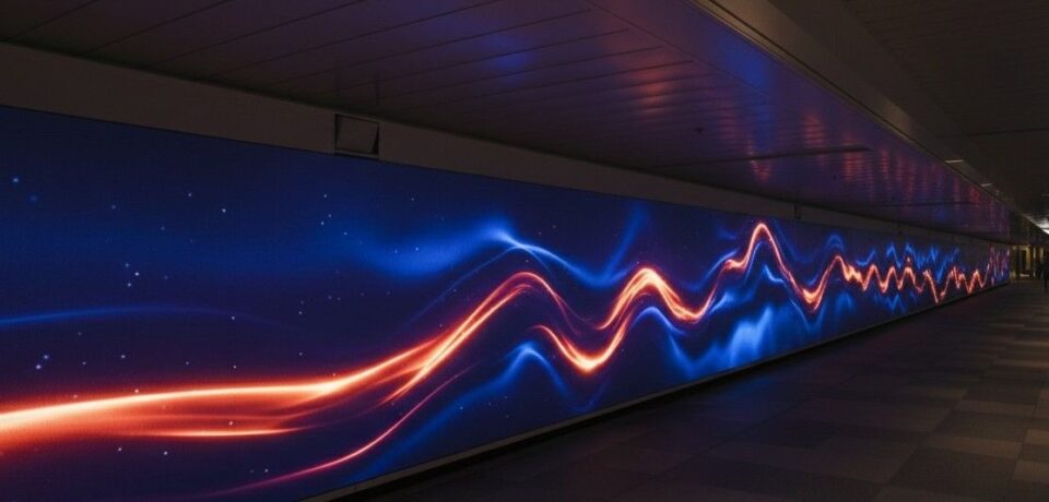 Videowall Large-scale ultra-high-definition LED display wall showing a vibrant architectural visualization in a dark, modern lounge, highlighting deep blacks and premium AV integration.