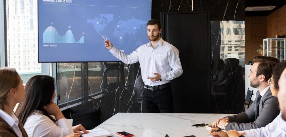 image representing corporate meeting room with display