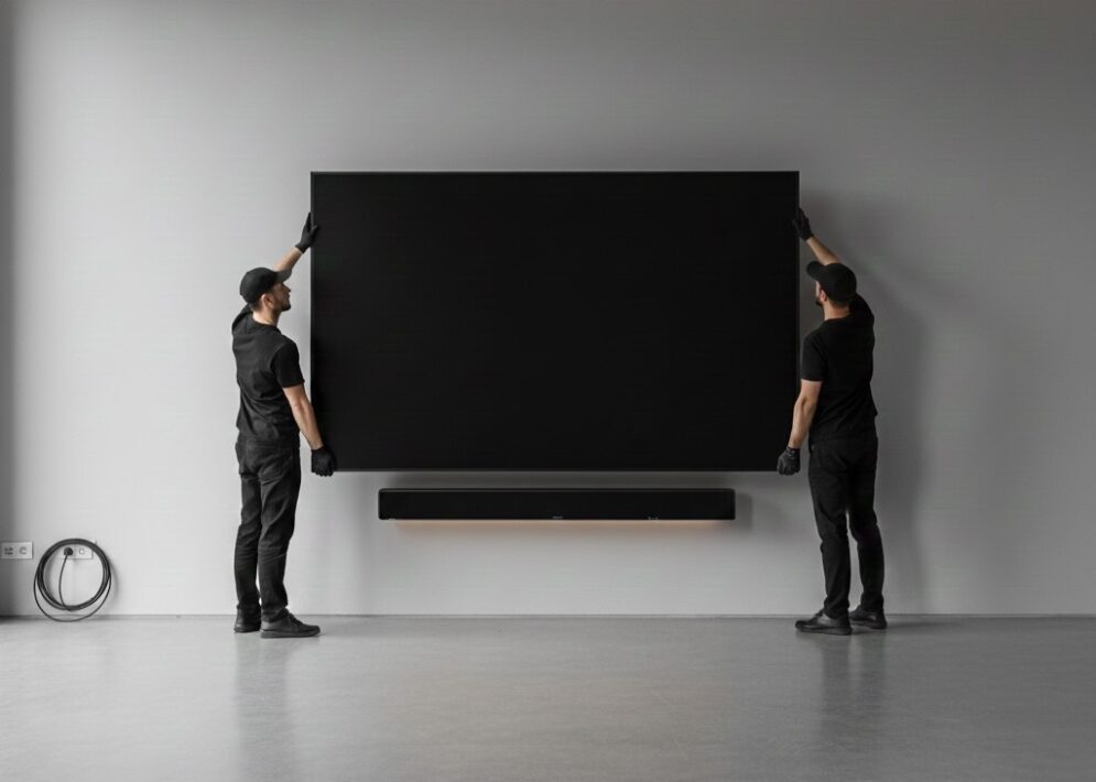 Professional AV technicians installing a large cinema screen in a luxury UAE home theater, featuring integrated ceiling speakers, a sleek soundbar, and ambient architectural lighting.